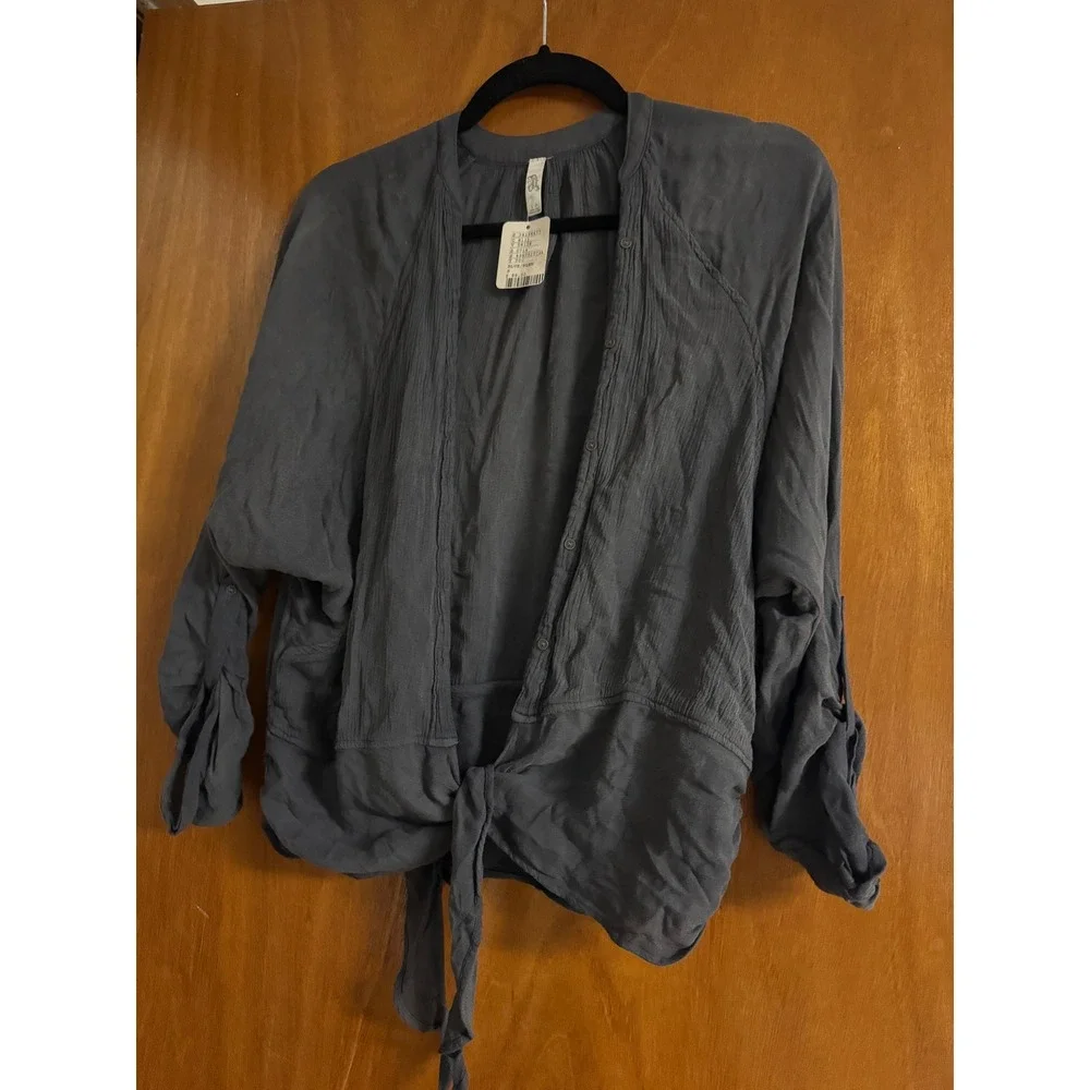 Free People Slate Blue Grey Rayon Gauze Tie Front Blouse Small NWT